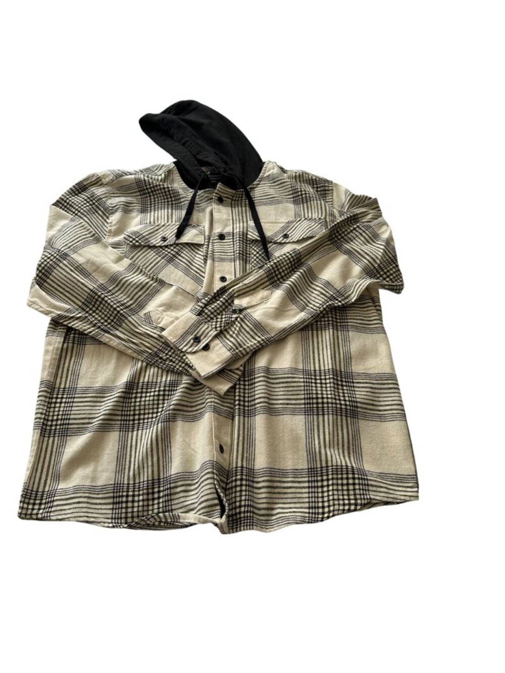 No Boundaries Oversized Men's Large Black Cream Plaid Hooded Flannel Shacket NWT - Picture 2 of 11